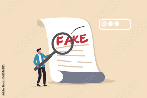 Fake document, wrong information verification or fake news inspection, fraud and illegal reports concept, smart businessman inspector using magnifying glass to verify fake document.