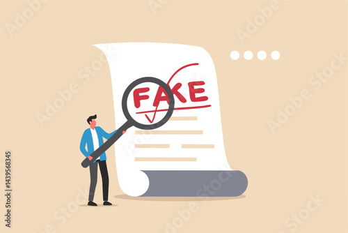 Fake document, wrong information verification or fake news inspection, fraud and illegal reports concept, smart businessman inspector using magnifying glass to verify fake document.