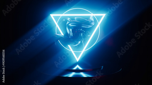 Neon abstract 3D sculpture in a dark setting with glowing geometric shapes