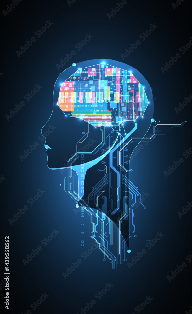 Abstract background on the theme of artificial intelligence. Brain shape with technological elements inside the contour.
