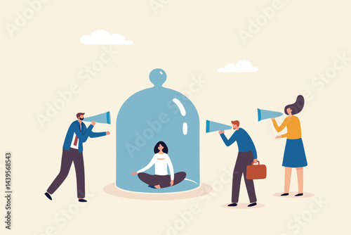 Ignore noise or distraction, keep calm and avoid conflict or problem, challenge to survive in toxic workplace concept, businesswoman meditating and keep calm under covered to ignore people noise.