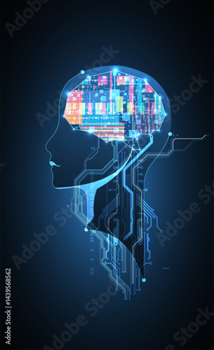 Obraz na płótnie Abstract background on the theme of artificial intelligence. Brain shape with technological elements inside the contour. w salonie