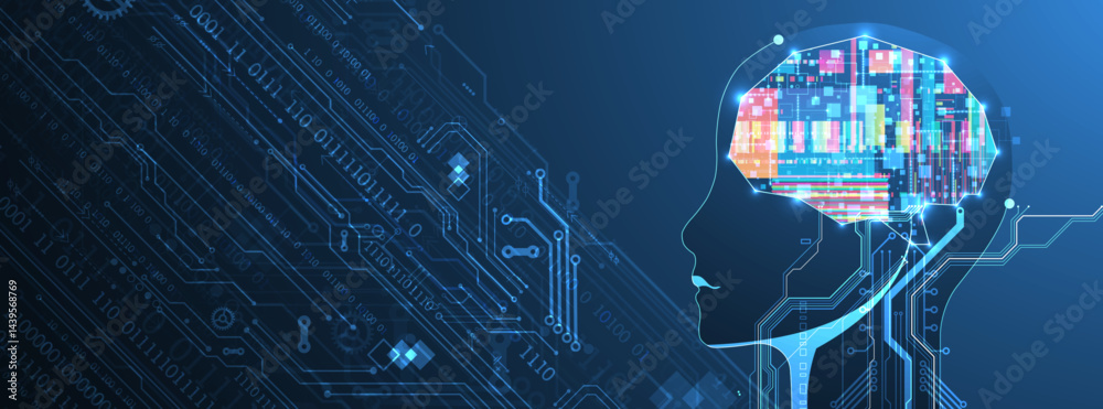 Abstract background on the theme of artificial intelligence. Brain shape with technological elements inside the contour.