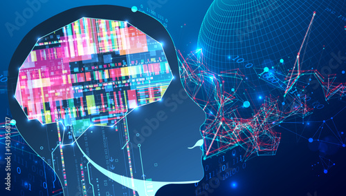 Abstract background on the theme of artificial intelligence. Brain shape with technological elements inside the contour.