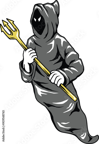 Grim Reaper Holding a Golden Trident - Halloween Cartoon