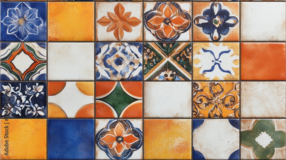 Fototapeta premium Colorful patterned tiles, mosaic design, wall or floor, background with various flowers and patterns