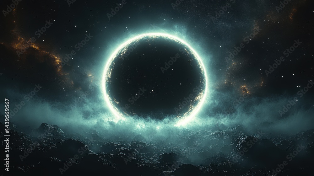 Fototapeta premium Nebula Eclipse: Eerie Planetscape with Luminous Halo planet eclipse space nebula cosmos universe sky