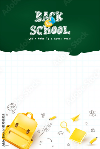 Creative back to school poster with torn chalkboard header yellow backpack and notebook paper background perfect for education flyers and certificates