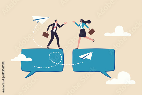 Communication or work discussion, sending message or telling new idea, conversation to gather information and solution concept, businessman and woman having conversation on chat speech bubble.