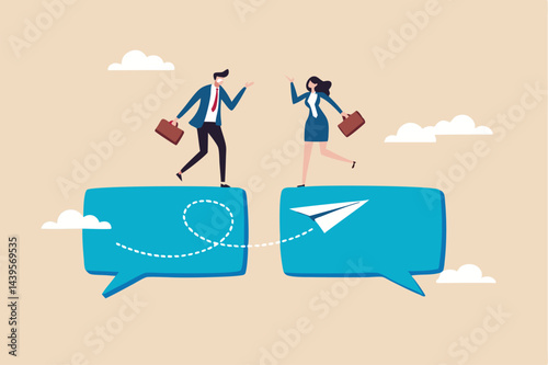Communication or work discussion, sending message or telling new idea, conversation to gather information and solution concept, businessman and woman having conversation on chat speech bubble.