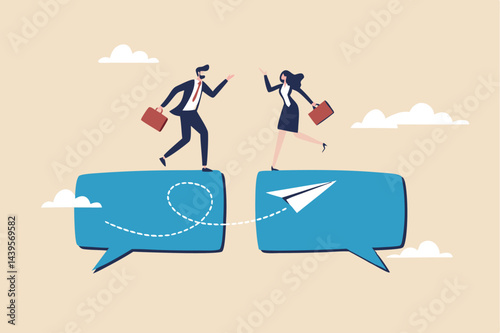 Communication or work discussion, sending message or telling new idea, conversation to gather information and solution concept, businessman and woman having conversation on chat speech bubble.