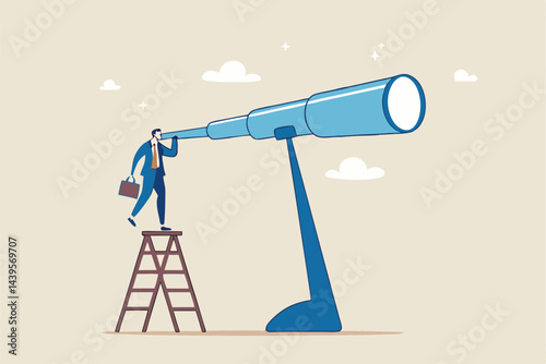 Long term plan or business strategy for far future, looking for opportunity, forecast and visionary, discover long term goal concept, businessman looking through oversized long telescope to see future