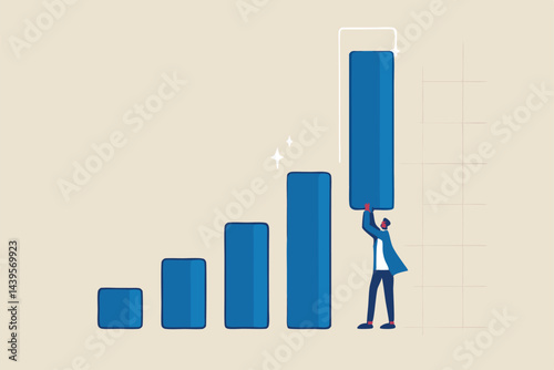 Growth or improvement, increase sales or revenue raising, growing business or develop marketing plan to help gain more profit concept, confident businessman help lift up bar graph to new high level.