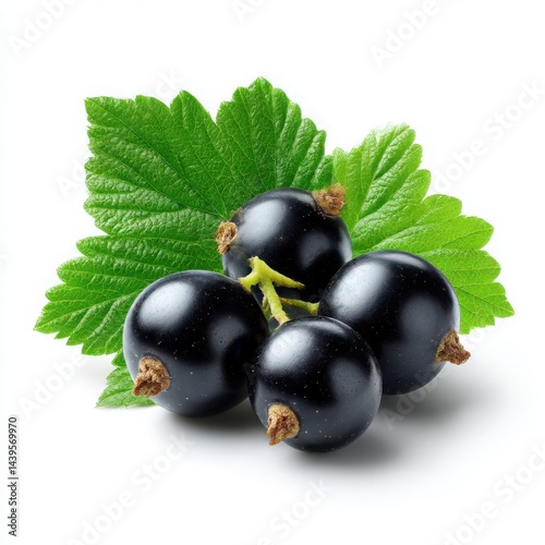 A close up of black currants with leaves on isoleted white background