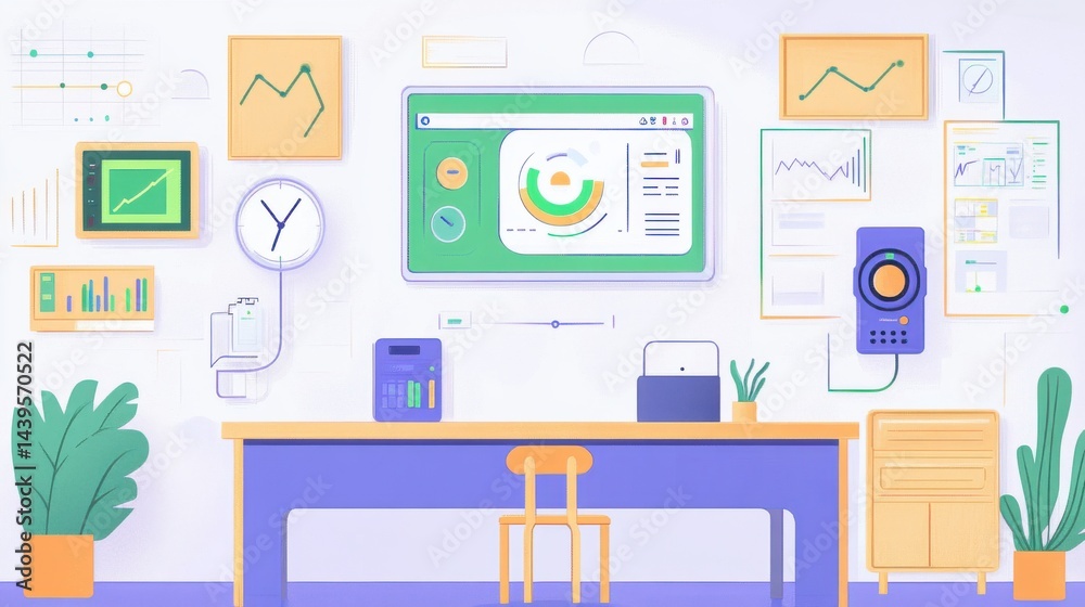 Modern Office Workspace with Wall Art and Data Visualization Elements for Creative Professionals Modern Office Workspace with Wall Art and Data Visualization Elements for Creative Professionals