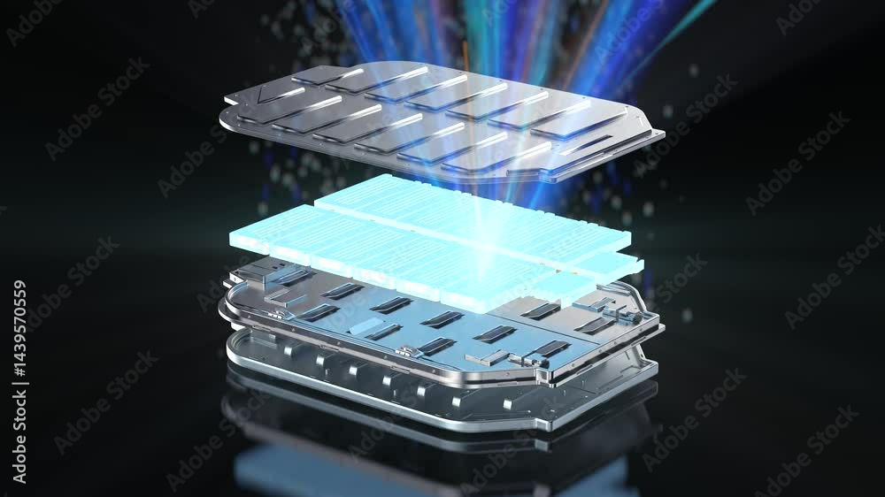 3d rendering electric vehicle battery or pack of lithium-ion battery cells explode in layered with shiny light 4k footage