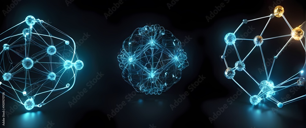 D molecular diagrams glowing with interlinked nodes on dark sleek backgrounds. Extremely detailed high resolution illustration.