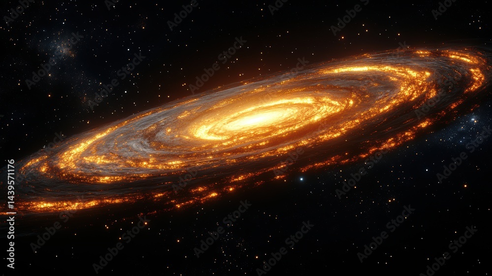 Fototapeta premium Spiral Galaxy in Space, Glowing Rings, Celestial Landscape galaxy spiral galaxy space astronomy gold