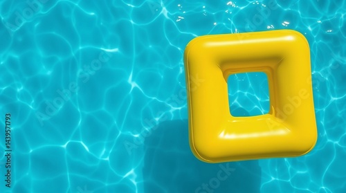 Yellow square inflatable swim ring on the blue surface of water swimming pool.