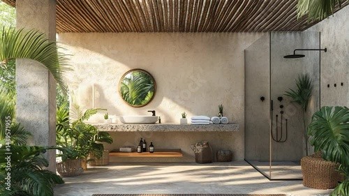 Tropical Outdoor Bathroom Design: Luxury Oasis with Lush Greenery and Modern Amenities