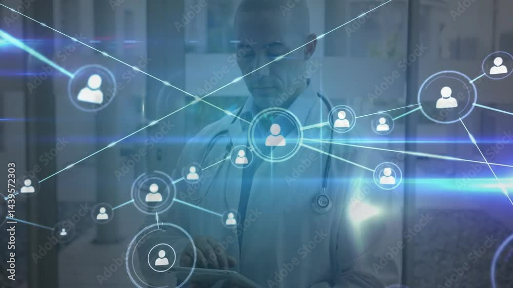 Doctor standing in hospital corridor, showing user-icon network with glowing lines for health tech