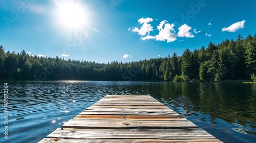 Summer lake in the forest with a wooden dock on a sunny day.