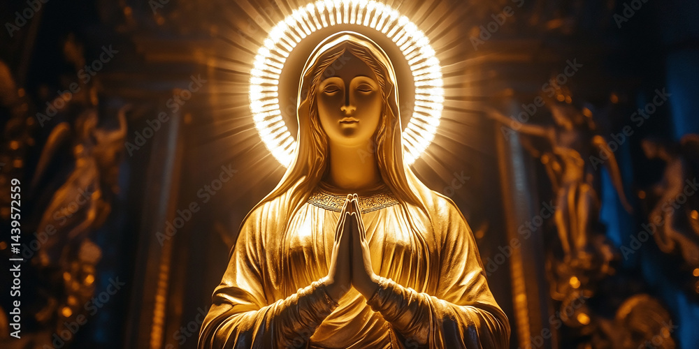 Fototapeta premium Holy Mary statue with hands together positioned in religious temple and illuminated by halo at nighttime