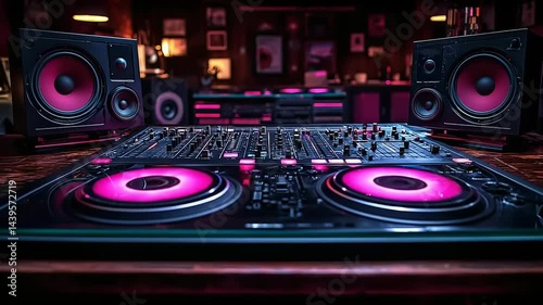 DJ equipment in a dark, vibrant club.