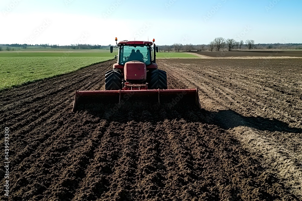 Fototapeta premium Tractor Plowing a Field Preparing Soil for Planting in an Agricultural Landscape