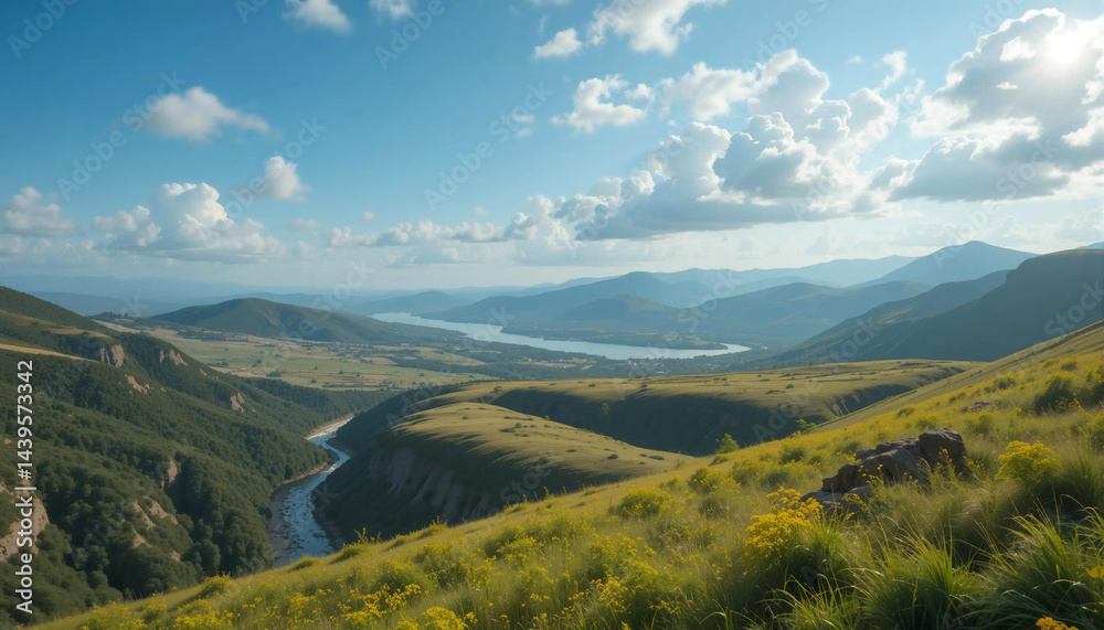 Fototapeta premium Stunning Landscape View of a River Winding Through Mountains in Bright Daylight With Scattered Clouds