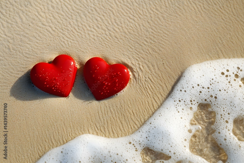 Obraz premium Two Red Hearts on Sandy Beach with Ocean Waves in a Romantic Coastal Setting