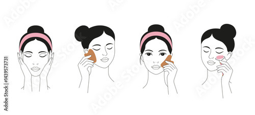 Face massage, Gua sha massage, self care, skincare illustrations. Minimalist clean design