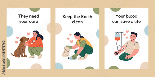 Set of motivational posters about volunteering, animal shelter care, eco activism, blood donation, diverse flat characters and inspiring slogans, men and women volunteers vector illustrations