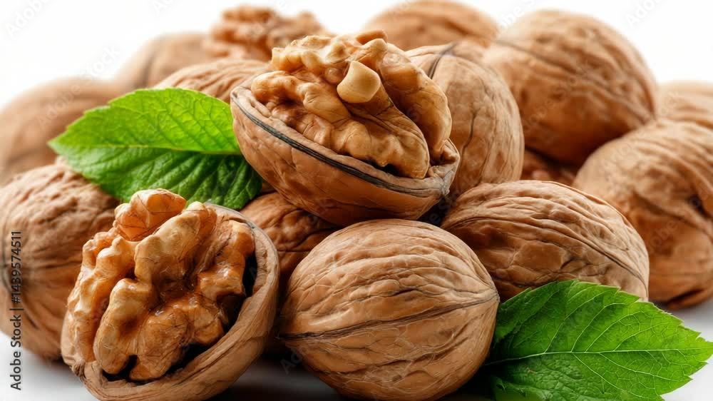 Delicious walnuts pile with leaves on a white background showcasing halves revealing kernels and textures for food preparation and healthy eating