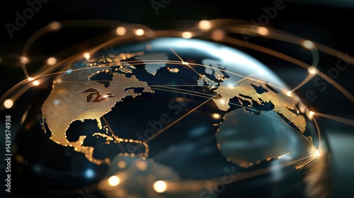 Global Network Connections - World Map with Golden Connections in a Dark Background