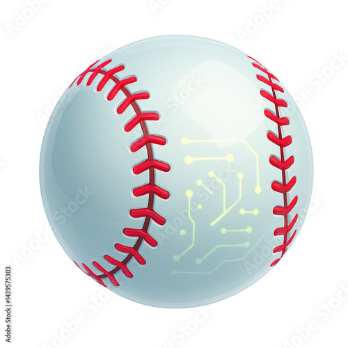 High tech futuristic baseball cap with red stitches and glowing digital circuit pattern isolated on white or transparent background