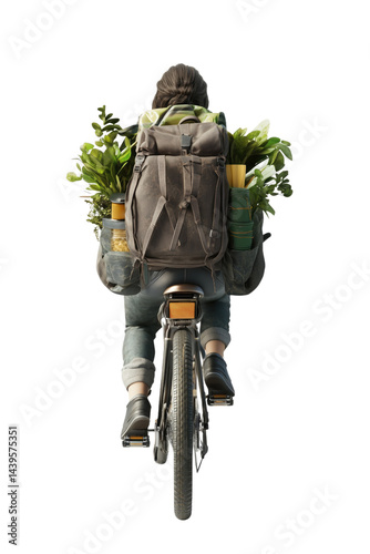 Eco-friendly commuter riding bicycle with full backpack, sustainable lifestyle concept