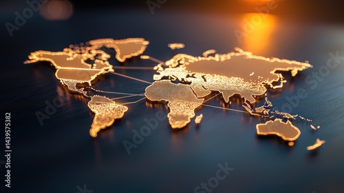 Global network map, illuminated, dark background, sunrise effect