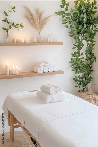 Photo of a massage table with a woman on it a minimalistic interior in light colors a wooden shelf for candles and towels nearby plants behind the wall white walls a woman sitting s