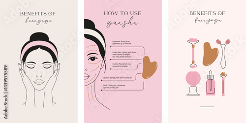 Face massage, Gua sha massage, self care, skincare illustrations. Minimalist clean design
