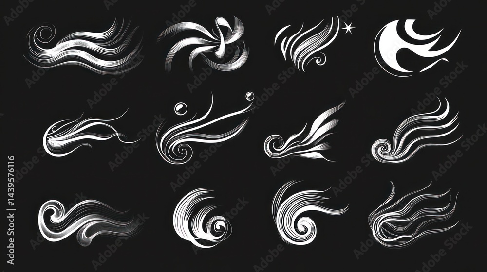 Fototapeta premium Abstract silver swirls on black; design elements