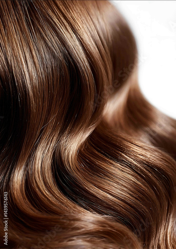 A closeup of shiny wavy brown hair against a white background highlighting the texture and sheen of each strand The focus is on creating an elegant display that showcases the beauty