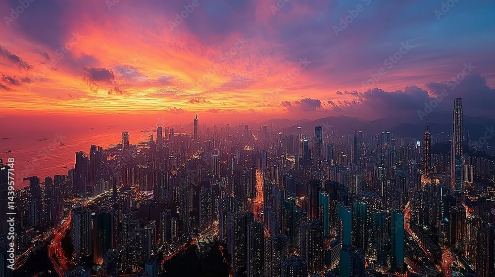 Fototapeta premium Aerial Sunset Over Modern Smart City Skyscrapers/現代スマートシティの夕暮れ空撮11
