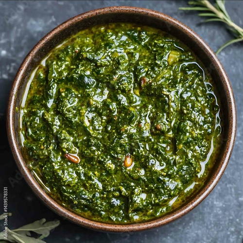 Indian green saag curry in a bowl top view photo