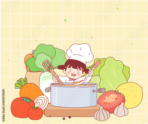 cook, little one, cooking, vegetables, health, diet, dream, character, girl, pot, lettuce, radish, tomato, lemon,