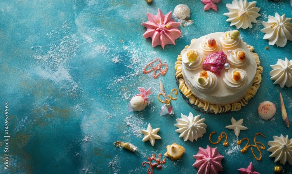 Fototapeta premium Decorative Cake with Colorful Pastry Art on Teal Surface