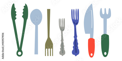 Camping equipment stickers collection in retro cartoon style for nature outdoor adventure. Trekking, travel, tourism concept. Cutlery, travel backpack, campfire, compass