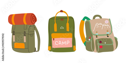 Camping equipment stickers collection in retro cartoon style for nature outdoor adventure. Trekking, travel, tourism concept. Cutlery, travel backpack, campfire, compass