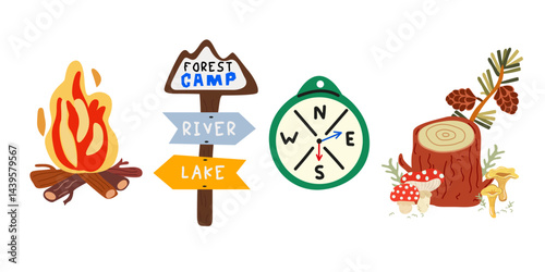 Camping equipment stickers collection in retro cartoon style for nature outdoor adventure. Trekking, travel, tourism concept. Cutlery, travel backpack, campfire, compass