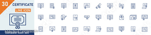 Certificate line icon set. Set of 30 outline icons related to certificate, achievement, award, grant, diploma and others. Editable stroke. Vector illustration.